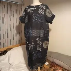 ネイビー パッチワーク 半袖ワンピース