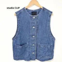 【美品】スタジオクリップ ノーカラーデニムベスト ブルーフリーサイズ 綿100%