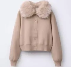 ZARA ニット　カーディガン ベージュ　ファー襟付き