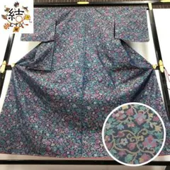 MK-1687 本場大島紬 花唐草模様 呉須色 しつけ糸