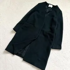 UNITED ARROWS 日本製 ノーカラー ロングコート ダークグリーン