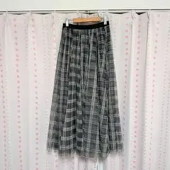 【美品】Viante シアーチュール チェック柄 ロングフレアスカート F 緑