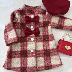 新品未使用♡タータンチェック♡赤ホワイト♡クリスマスにもコート帽子付き9095