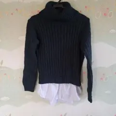 タートルネックニットシャツ重ね着風ドッキンググリーンJENASIS