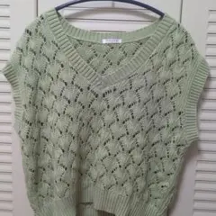 ライトグリーン レース編み ニットベスト M