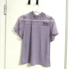 新品タグ付き パープル レース フリルネック 半袖シャツ