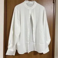 ホワイト ボタン付きシャツ バルーン袖 長袖 バンドカラー