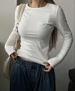 白 無地 長袖 Tシャツ ニット トレーナー 裏起毛のサムネイル