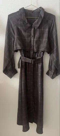 ロングワンピース チェック　ブラウン　ベルト付　長袖