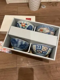 陶芸家梅田純一作品 色絵金彩手描茶碗5客 小鉢 共箱 蒐集家放出美品 未