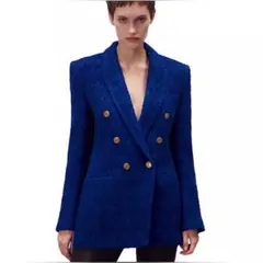 ZARA ザラ　テクスチャーフィットジャケット　ツイード　ブルー　ブレザー