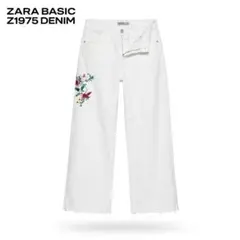 ZARA BASIC 花柄刺繍 カットオフ サイドスリット ワイドデニム白 38