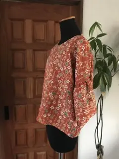 古布リメイク 手作り❣️シルクブラウス ピンクベージュ 花柄 ボレロ 