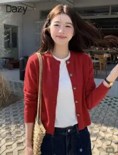 Dazy レッド クルーネック ボタン前開きカーディガン SHEIN シーイン