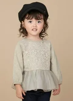 美品　プティマイン　レース×チュール長袖チュニックT　90