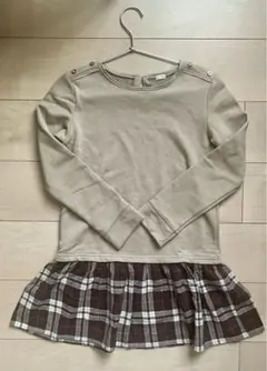 ベージュ 長袖カットソー チェックフリル