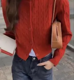 レッドカーディガン レッド秋服　temu レディース ケーブル編み