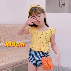チェリー柄ベビー水着100cm　セパレート水着ヘアベルト付３点セットキッズ水着