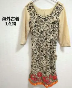 レトロ 1点物 花柄 刺繍 長袖 ワンピース ベージュ スリット