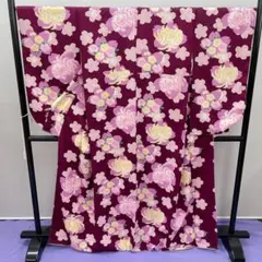 Ｙ★3609★ 小袖 単品 袷 暗い赤紫色 花柄 ポリエステル