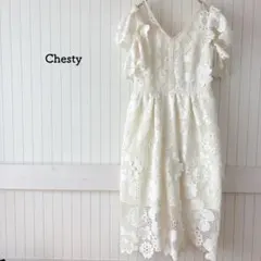 チェスティ フラワーレースワンピース 総レース Ｖネック 白 フリルスリーブ