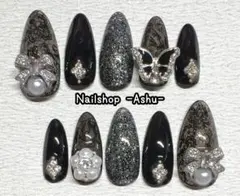 60】シアー　ブラック　黒　シルバー　レース　蝶　花　リボン　ネイルチップ　春