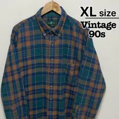 90s　USA古着　ネルシャツ　XL　グリーン　ブラウン　チェック　ハントクラブ