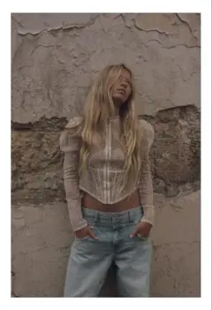 ZARA レースコンビネーション ショートトップス M ネイビーブルー