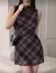 SHEIN DAZY チェックノースリーブワンピース