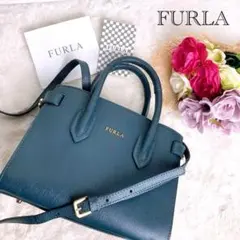 美品☆FURLAフルラ 2wayショルダーバッグ レザー アースカラーブルー