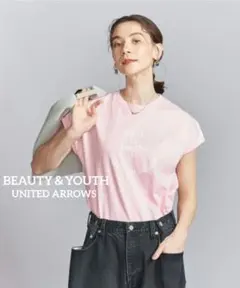 完売色　BEAUTY＆YOUTH　コットンロゴプリントフレンチスリーブTシャツ