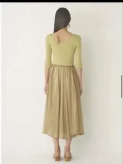 Lily Brown ニット布帛ドッキングワンピース リブ編み ライム