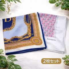 YSL スカーフ 2枚セット シルク 総柄 チェーン柄 ブルー クリーニング済