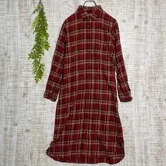 ユニクロ　レディース　ロングワンピース　シャツ　チェック　赤　可愛い