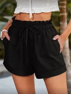 新生活セール！Zara系 ウェストゴム ブラック ペーパーバッグ ショートパンツ