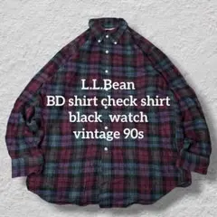 90s L.L.BeanネルシャツチェックBDシャツブラックウォッチコットン古着
