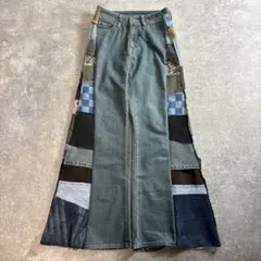 リメイクデニム パッチワーク フレアパンツ ライトブルー フレア vol.234