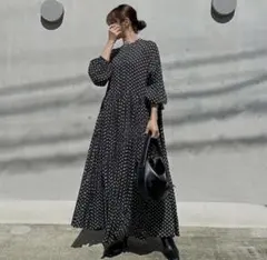 水玉　レトロ　総柄　ワンピース　スタンドカラー　ぽわん袖　体型カバー　黒　長袖