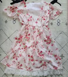ハンドメイド　花柄ピンク半袖　ワンピース
