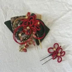 和装髪飾り 赤・緑・金 花モチーフ