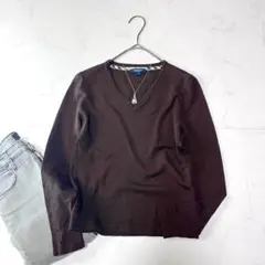 バーバリー ロンドン ウール100% 薄手 Vネック ニット ブラウン ロゴ刺繍