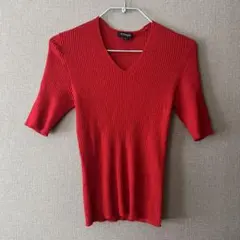 【最終:5月末まで】BURBERRYリブ編みニット 赤 Vネック 半袖 トップス