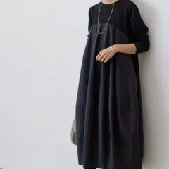 切替コクーンワンピースロング丈　黒　異素材ドッキング体型カバーバルーンワンピース