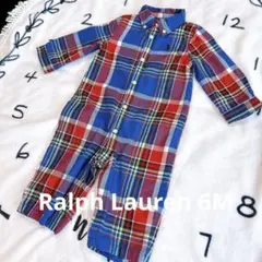 【美品】ラルフローレン 赤×青チェック柄カバーオール 6M ロンパース 襟付