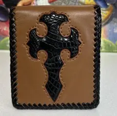 折財布 ブラウンと黒 クロスモチーフ(牛革xクロコダイル)