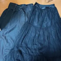 ロングスカート 黒 ベルトチュール ティアードスカート