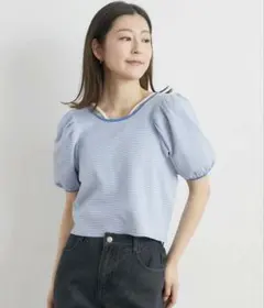 ストライプ パフスリーブ 半袖トップス