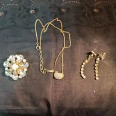 K18GP ネックレス含む 華やか3点セット ブローチ ピアス ハート フラワー