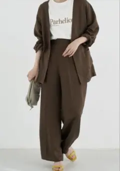 麻混 ジャケット×パンツセットアップ size F カーキ