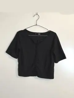 リブ編み ブラック 半袖 ニット カーディガントップス クロップド